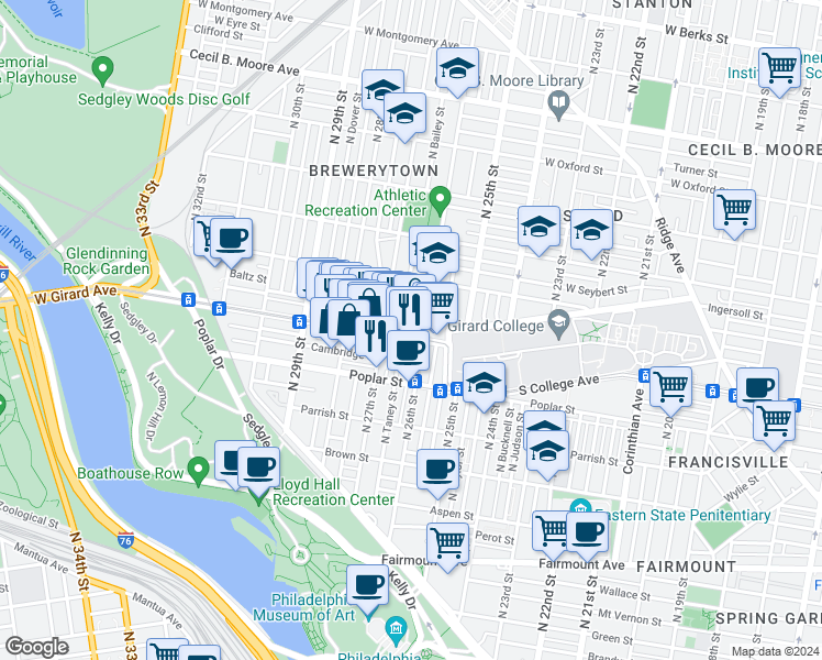 map of restaurants, bars, coffee shops, grocery stores, and more near 1237 North 27th Street in Philadelphia