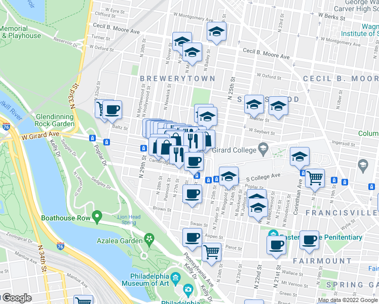 map of restaurants, bars, coffee shops, grocery stores, and more near 1237 North 27th Street in Philadelphia