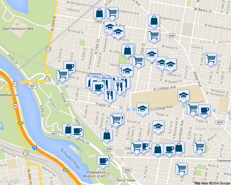 map of restaurants, bars, coffee shops, grocery stores, and more near 1237 North 27th Street in Philadelphia