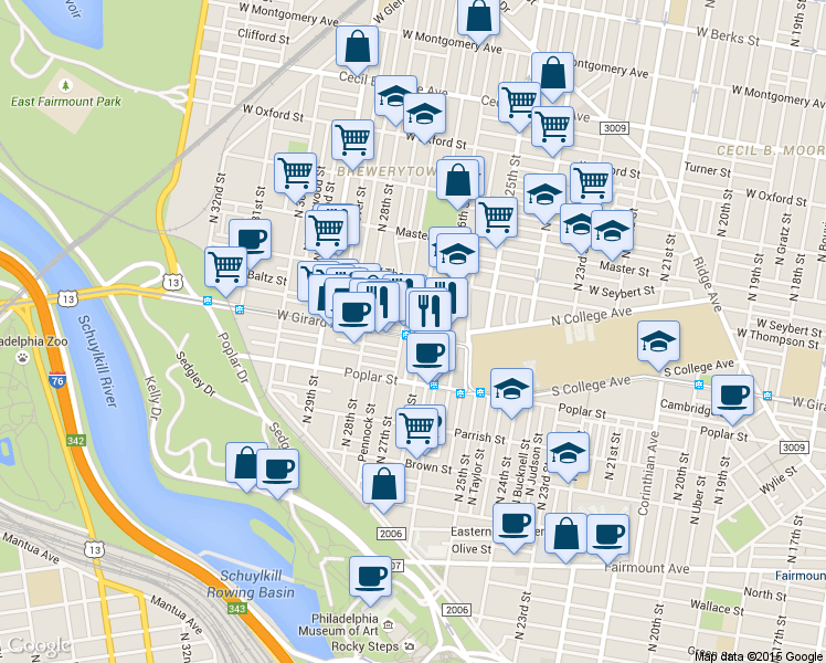 map of restaurants, bars, coffee shops, grocery stores, and more near 1237 North 27th Street in Philadelphia