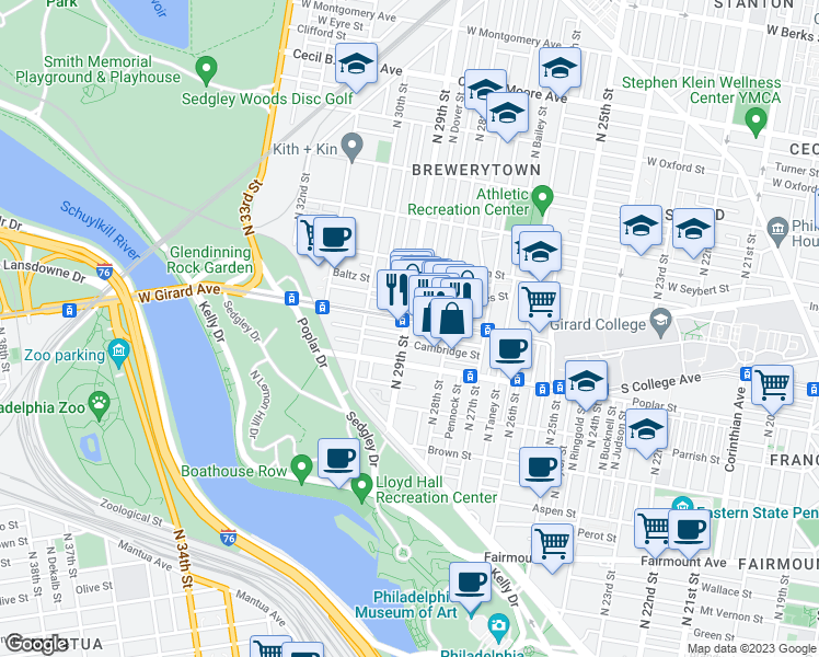 map of restaurants, bars, coffee shops, grocery stores, and more near 2844 West Stiles Street in Philadelphia