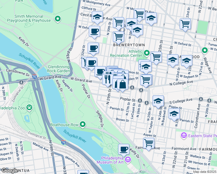 map of restaurants, bars, coffee shops, grocery stores, and more near 2949 West Girard Avenue in Philadelphia