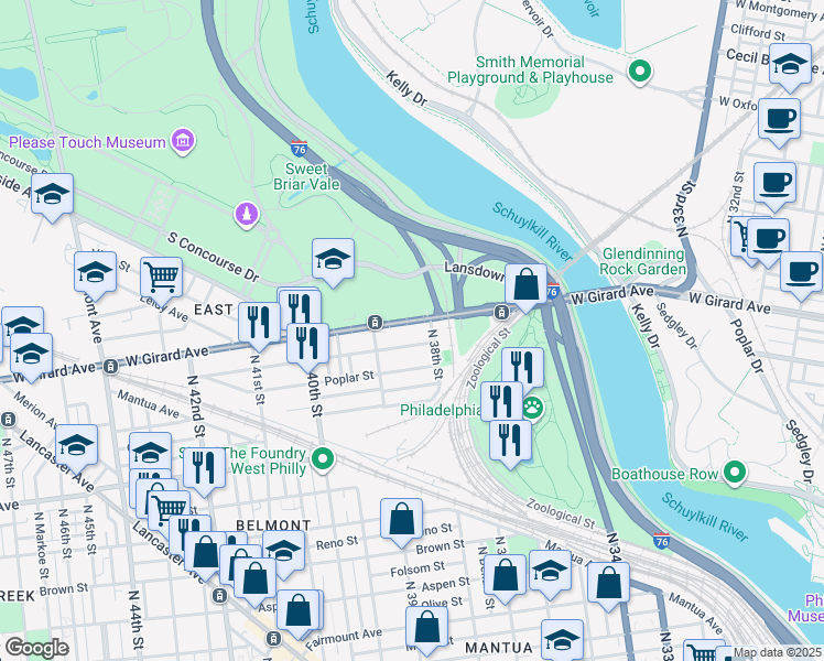 map of restaurants, bars, coffee shops, grocery stores, and more near 3801 West Girard Avenue in Philadelphia