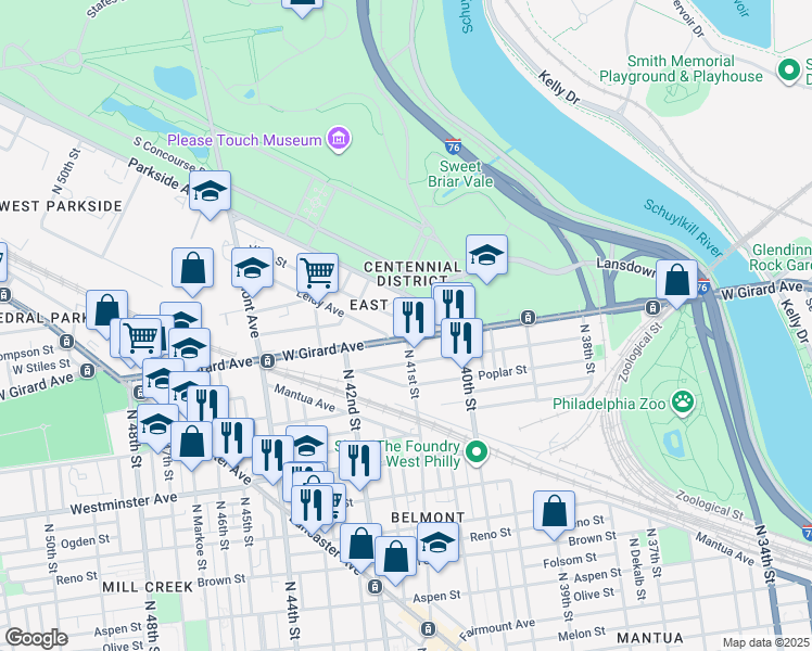 map of restaurants, bars, coffee shops, grocery stores, and more near 1234 North 41st Street in Philadelphia