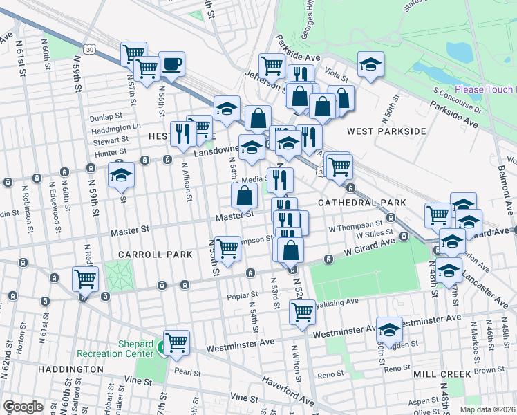 map of restaurants, bars, coffee shops, grocery stores, and more near 1436 North 53rd Street in Philadelphia