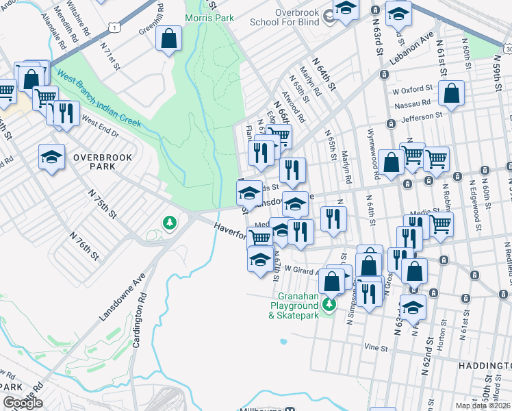 map of restaurants, bars, coffee shops, grocery stores, and more near 6731 Leeds Street in Philadelphia