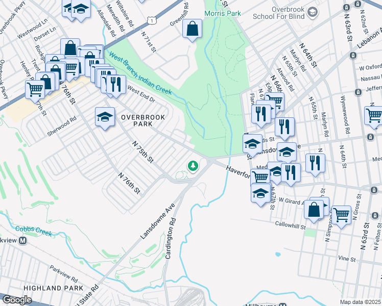 map of restaurants, bars, coffee shops, grocery stores, and more near 7205 Haverford Avenue in Philadelphia