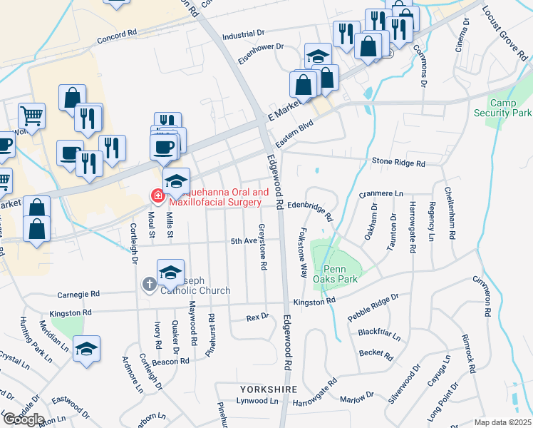 map of restaurants, bars, coffee shops, grocery stores, and more near 203 Greystone Road in East York