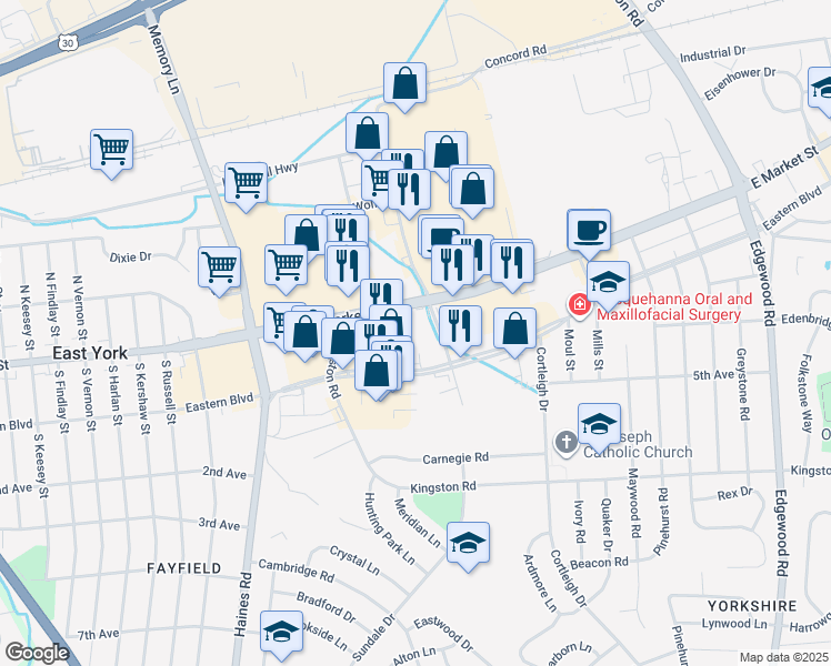 map of restaurants, bars, coffee shops, grocery stores, and more near 2700 East Market Street in East York