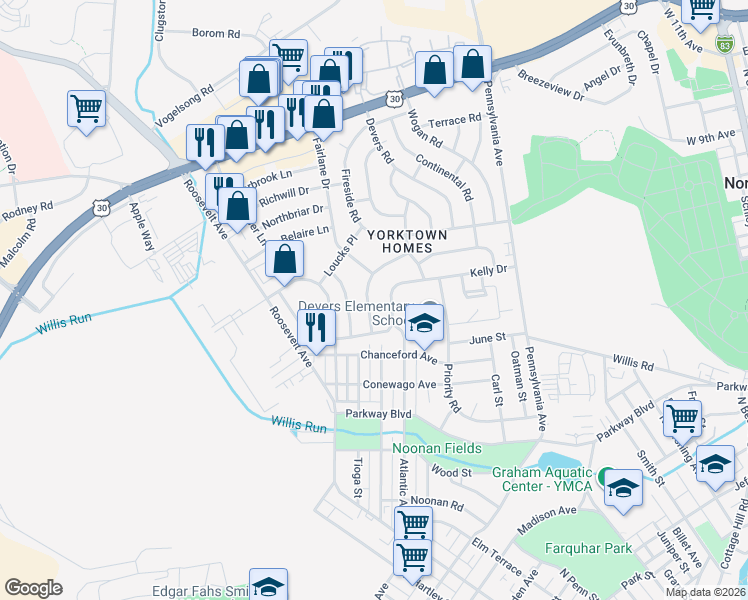 map of restaurants, bars, coffee shops, grocery stores, and more near 819 Kelly Drive in York