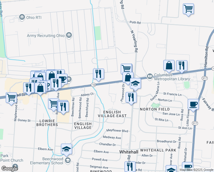 map of restaurants, bars, coffee shops, grocery stores, and more near 4222 East Broad Street in Columbus