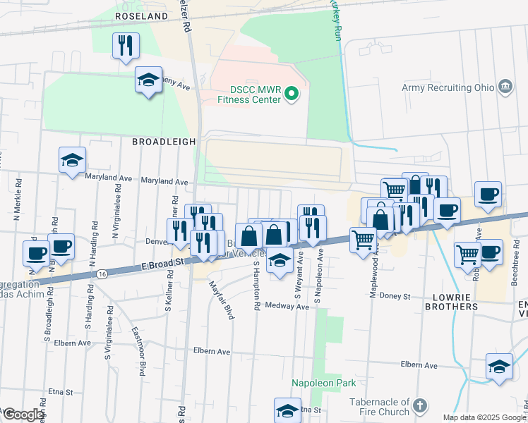 map of restaurants, bars, coffee shops, grocery stores, and more near 115 North Hampton Road in Columbus