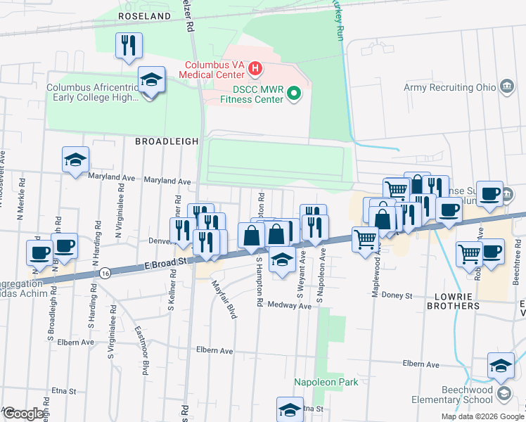 map of restaurants, bars, coffee shops, grocery stores, and more near 115 North Hampton Road in Columbus