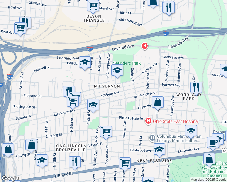 map of restaurants, bars, coffee shops, grocery stores, and more near 1294 Atcheson Street in Columbus