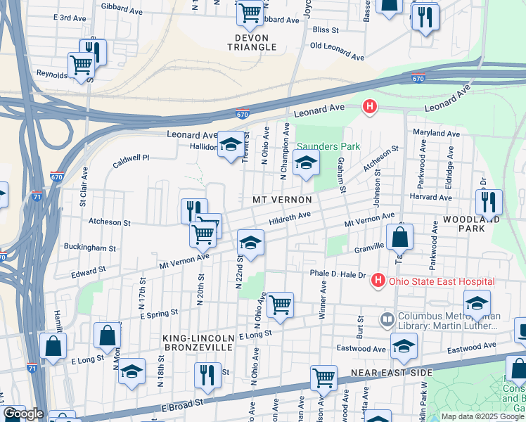 map of restaurants, bars, coffee shops, grocery stores, and more near 1240 Atcheson Street in Columbus