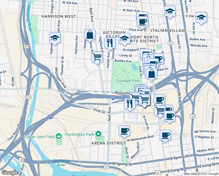 map of restaurants, bars, coffee shops, grocery stores, and more near 249 West Poplar Avenue in Columbus