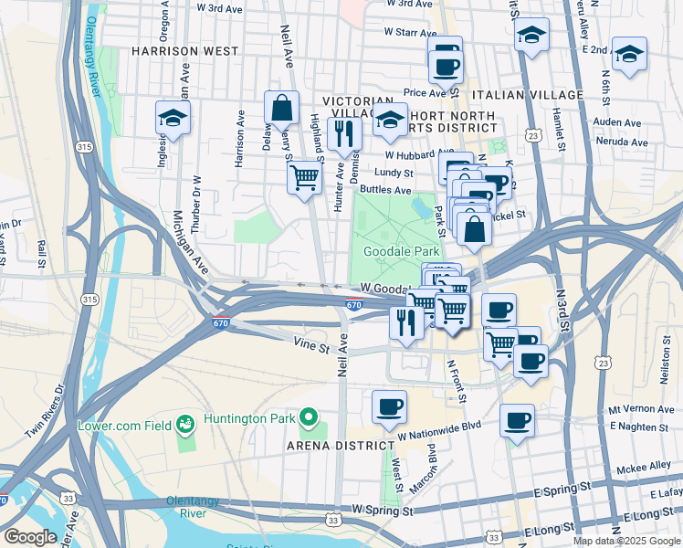 map of restaurants, bars, coffee shops, grocery stores, and more near 249 West Poplar Avenue in Columbus