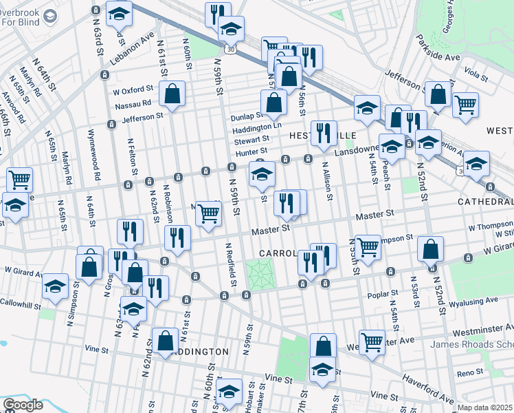 map of restaurants, bars, coffee shops, grocery stores, and more near 1455 North Wanamaker Street in Philadelphia