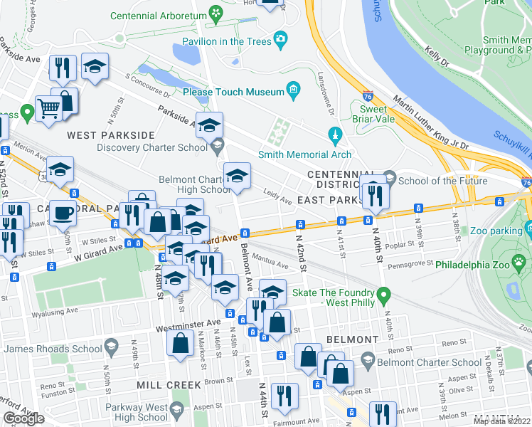 map of restaurants, bars, coffee shops, grocery stores, and more near 4223 West Stiles Street in Philadelphia