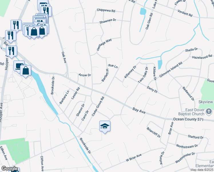 map of restaurants, bars, coffee shops, grocery stores, and more near 308 Cedar Grove Road in Toms River