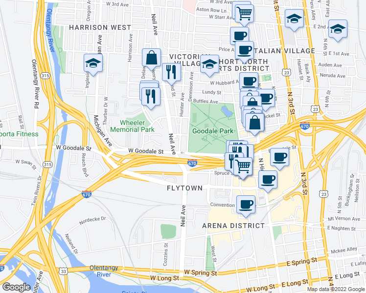 map of restaurants, bars, coffee shops, grocery stores, and more near 249 West Poplar Avenue in Columbus