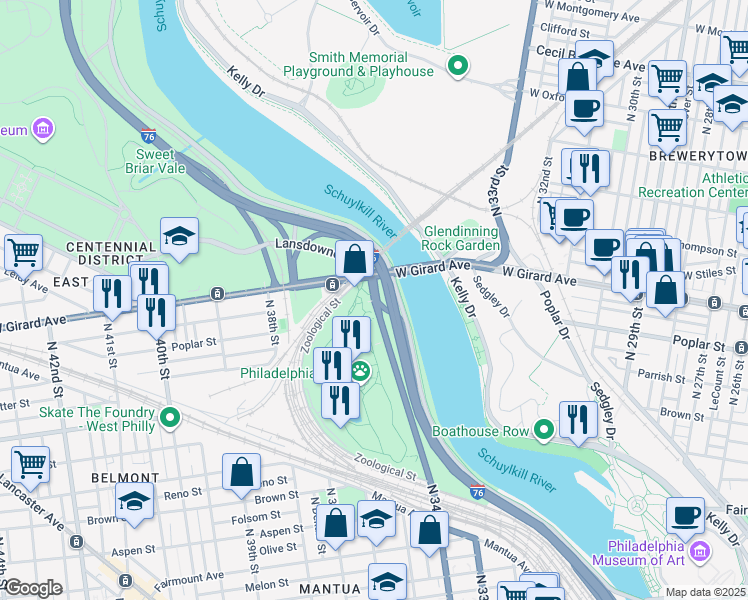 map of restaurants, bars, coffee shops, grocery stores, and more near West Girard Avenue in Philadelphia