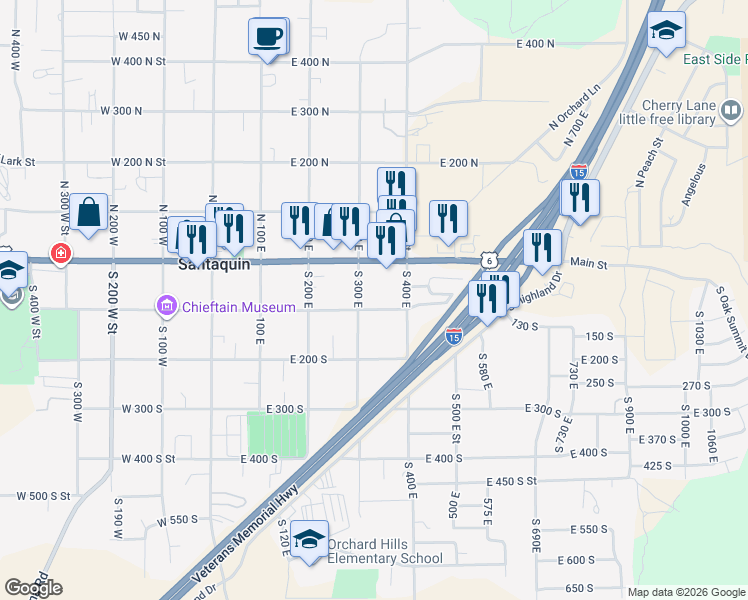map of restaurants, bars, coffee shops, grocery stores, and more near 345 East 100 South Street in Santaquin