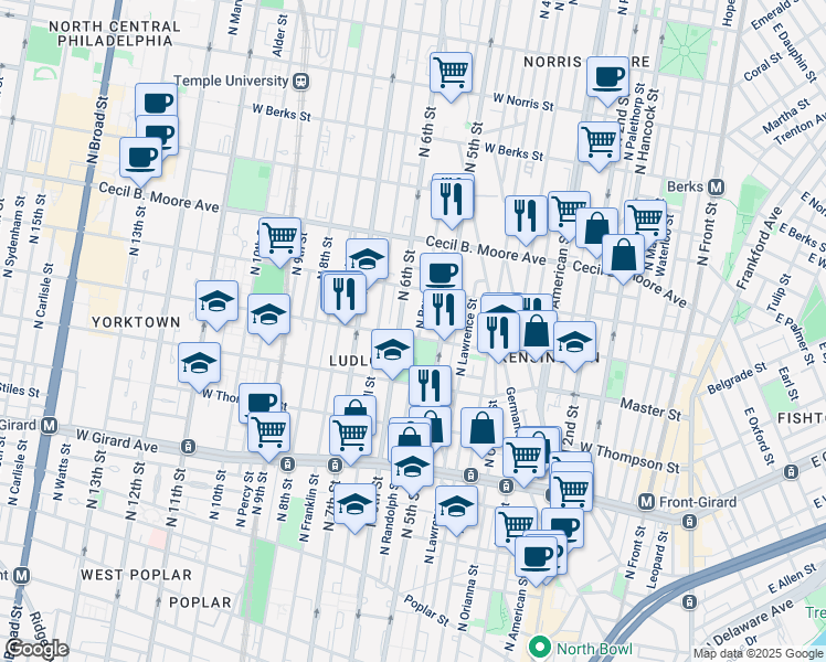 map of restaurants, bars, coffee shops, grocery stores, and more near 1602 North Randolph Street in Philadelphia