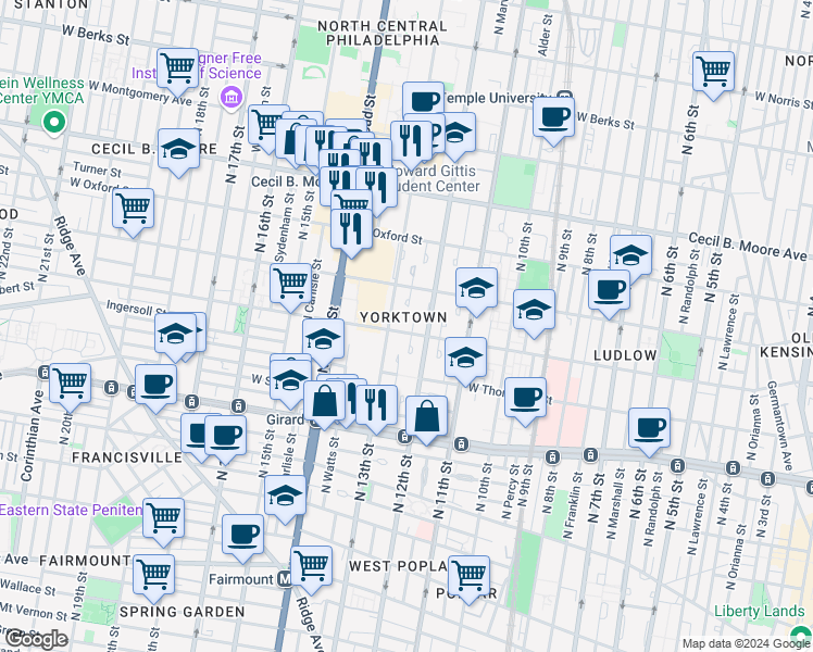 map of restaurants, bars, coffee shops, grocery stores, and more near 1217 Master Street in Philadelphia