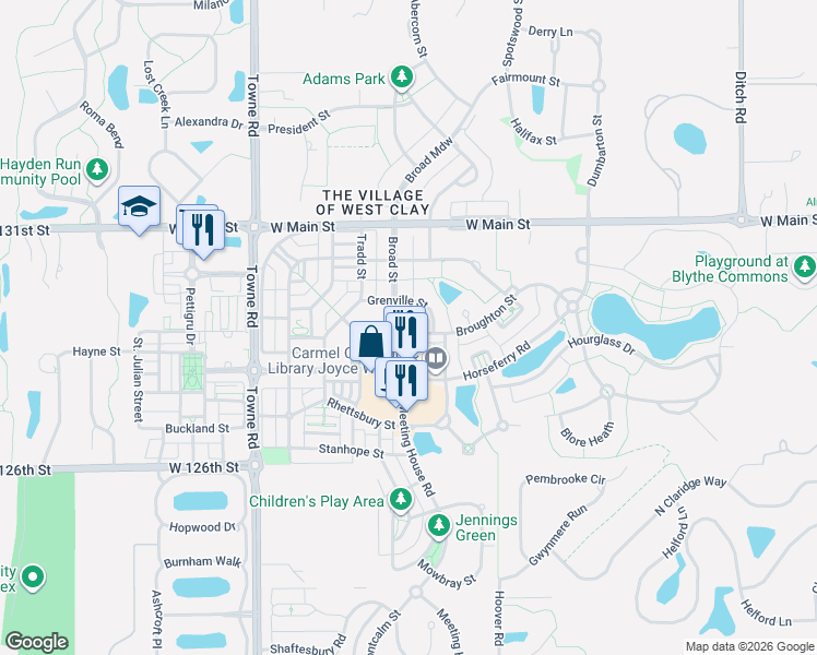 map of restaurants, bars, coffee shops, grocery stores, and more near 12964 Grenville Street in Carmel