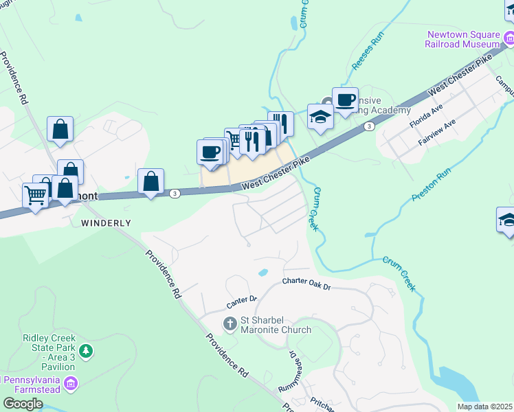 map of restaurants, bars, coffee shops, grocery stores, and more near 14 Chestnut Road in Newtown Square