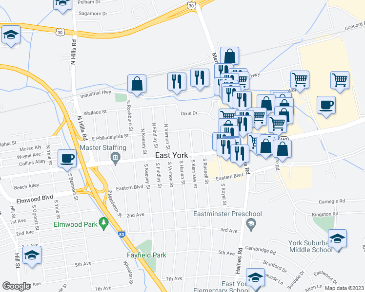 map of restaurants, bars, coffee shops, grocery stores, and more near 15 North Harlan Street in East York
