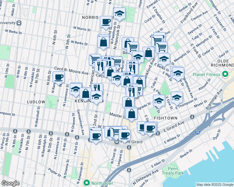 map of restaurants, bars, coffee shops, grocery stores, and more near 134 West Oxford Street in Philadelphia