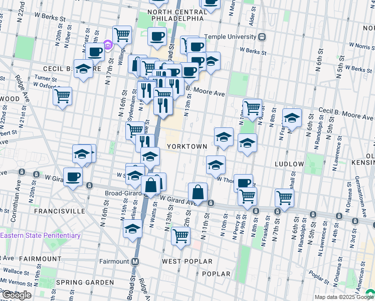 map of restaurants, bars, coffee shops, grocery stores, and more near 1219 Master Street in Philadelphia