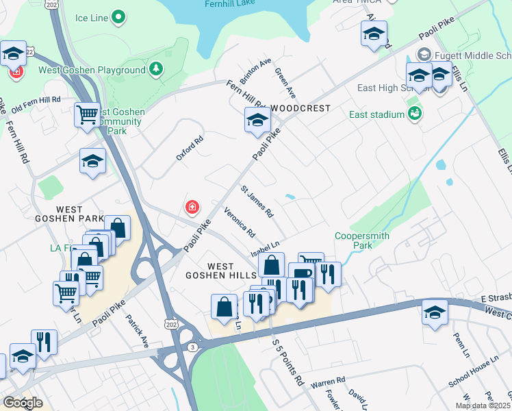 map of restaurants, bars, coffee shops, grocery stores, and more near 334 Saint James Road in West Chester