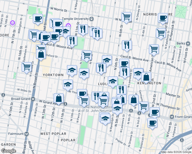 map of restaurants, bars, coffee shops, grocery stores, and more near 1530 North Perth Street in Philadelphia