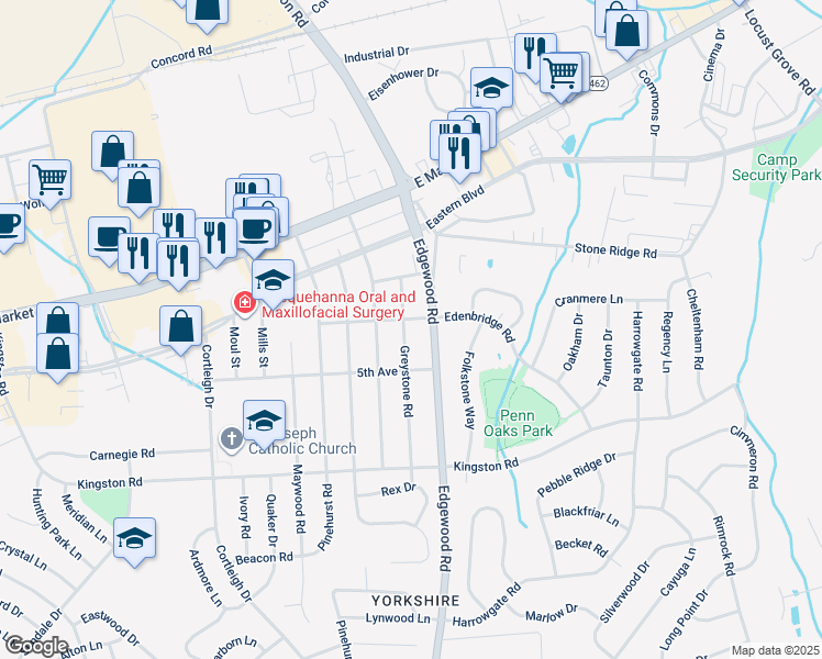 map of restaurants, bars, coffee shops, grocery stores, and more near 203 Greystone Road in East York