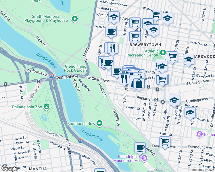 map of restaurants, bars, coffee shops, grocery stores, and more near 3046 West Harper Street in Philadelphia
