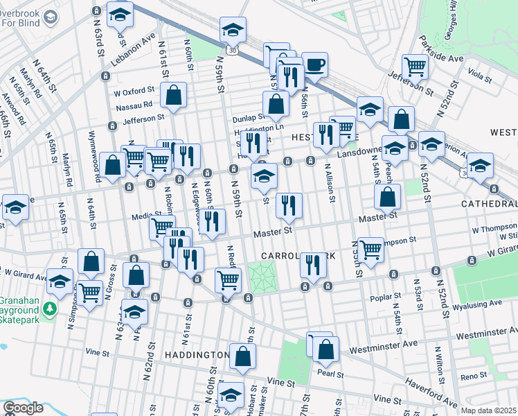 map of restaurants, bars, coffee shops, grocery stores, and more near 1455 North Wanamaker Street in Philadelphia