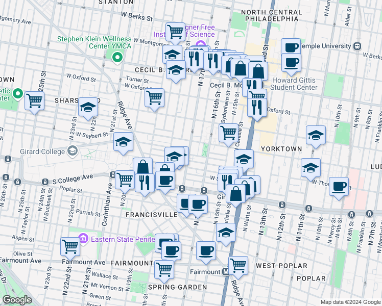 map of restaurants, bars, coffee shops, grocery stores, and more near 1315 North 17th Street in Philadelphia