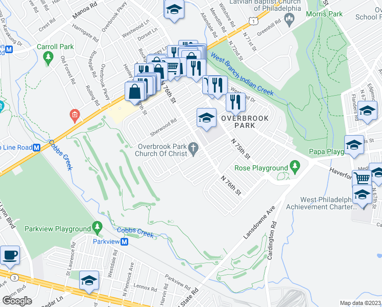 map of restaurants, bars, coffee shops, grocery stores, and more near 1600 Pennington Road in Philadelphia