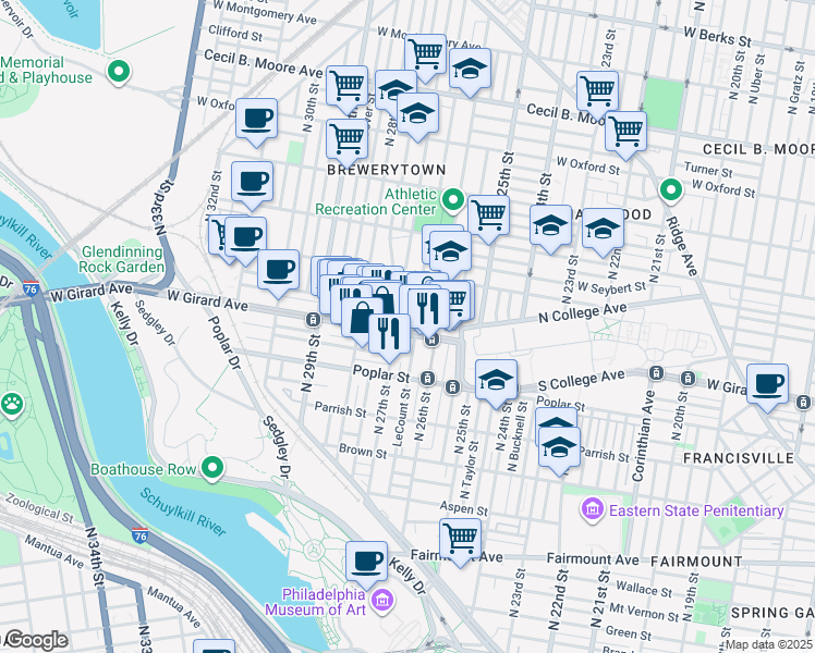 map of restaurants, bars, coffee shops, grocery stores, and more near 1237 North 27th Street in Philadelphia