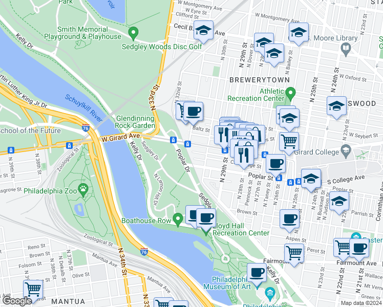 map of restaurants, bars, coffee shops, grocery stores, and more near 3046 West Harper Street in Philadelphia