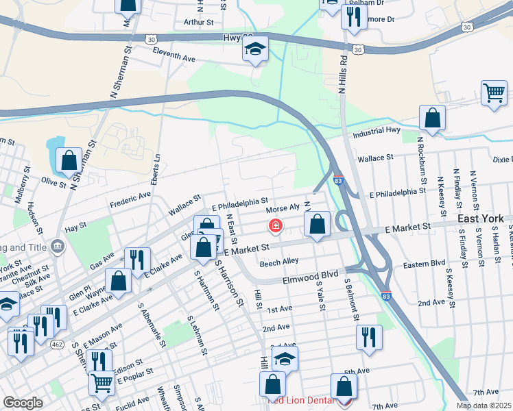 map of restaurants, bars, coffee shops, grocery stores, and more near 1470 East Philadelphia Street in York