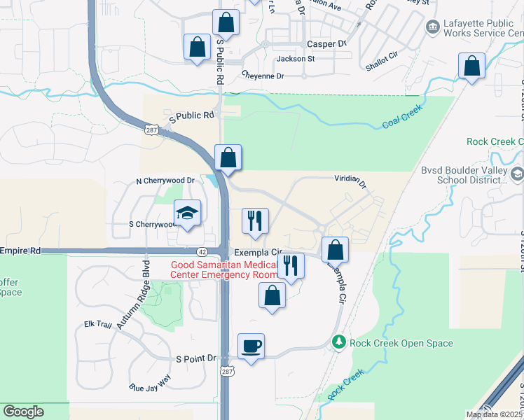 map of restaurants, bars, coffee shops, grocery stores, and more near 2417 South Public Road in Lafayette