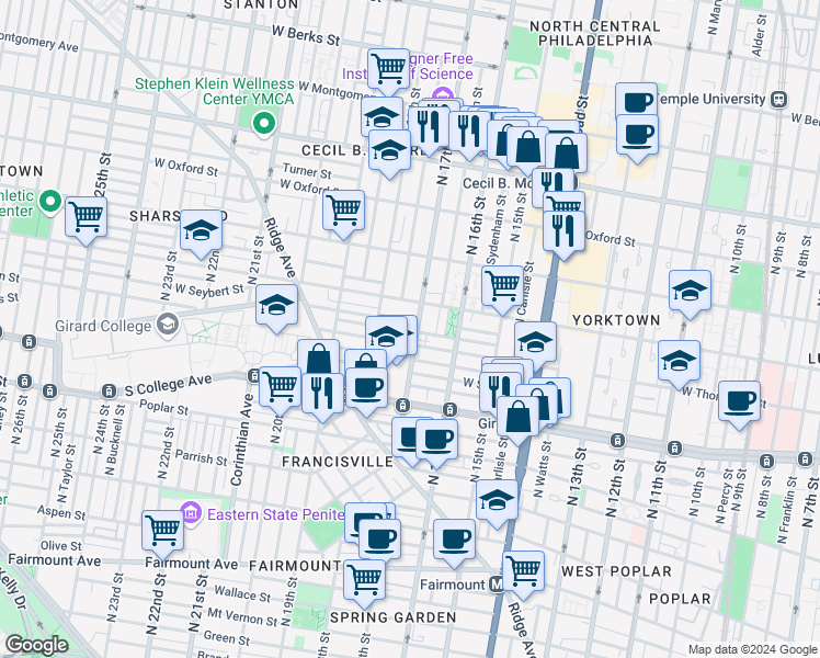 map of restaurants, bars, coffee shops, grocery stores, and more near 1707 West Seybert Street in Philadelphia