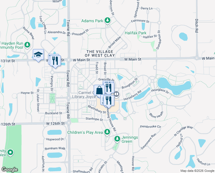 map of restaurants, bars, coffee shops, grocery stores, and more near 12903 Broad Street in Carmel