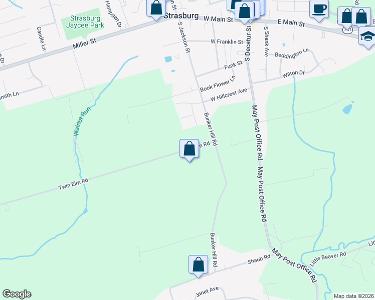 map of restaurants, bars, coffee shops, grocery stores, and more near 412 Twin Elm Road in Strasburg