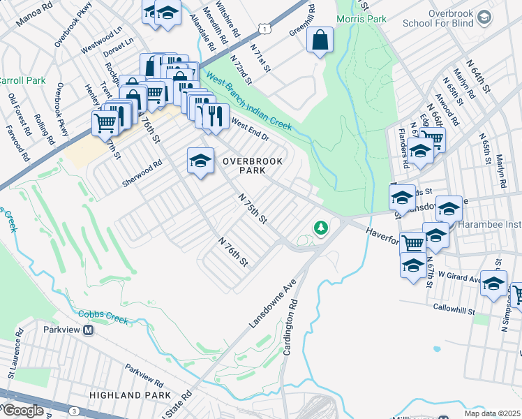 map of restaurants, bars, coffee shops, grocery stores, and more near 7453 Ruskin Road in Philadelphia