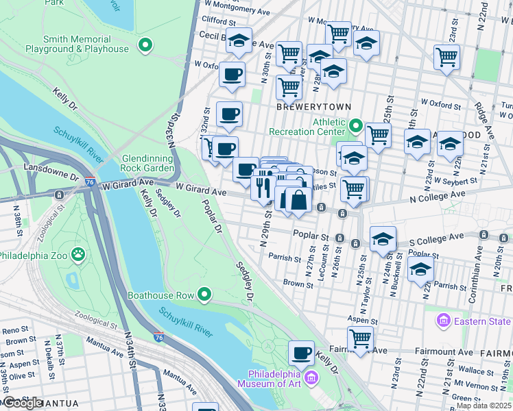 map of restaurants, bars, coffee shops, grocery stores, and more near 2927 West Harper Street in Philadelphia